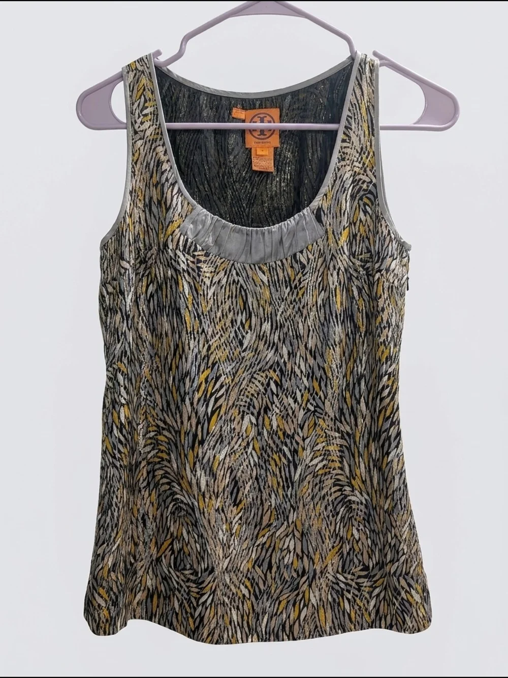 Tory‎ Burch Silk Blend Printed Tank Top Women's Size 0 Gray Gold Sleeveless
